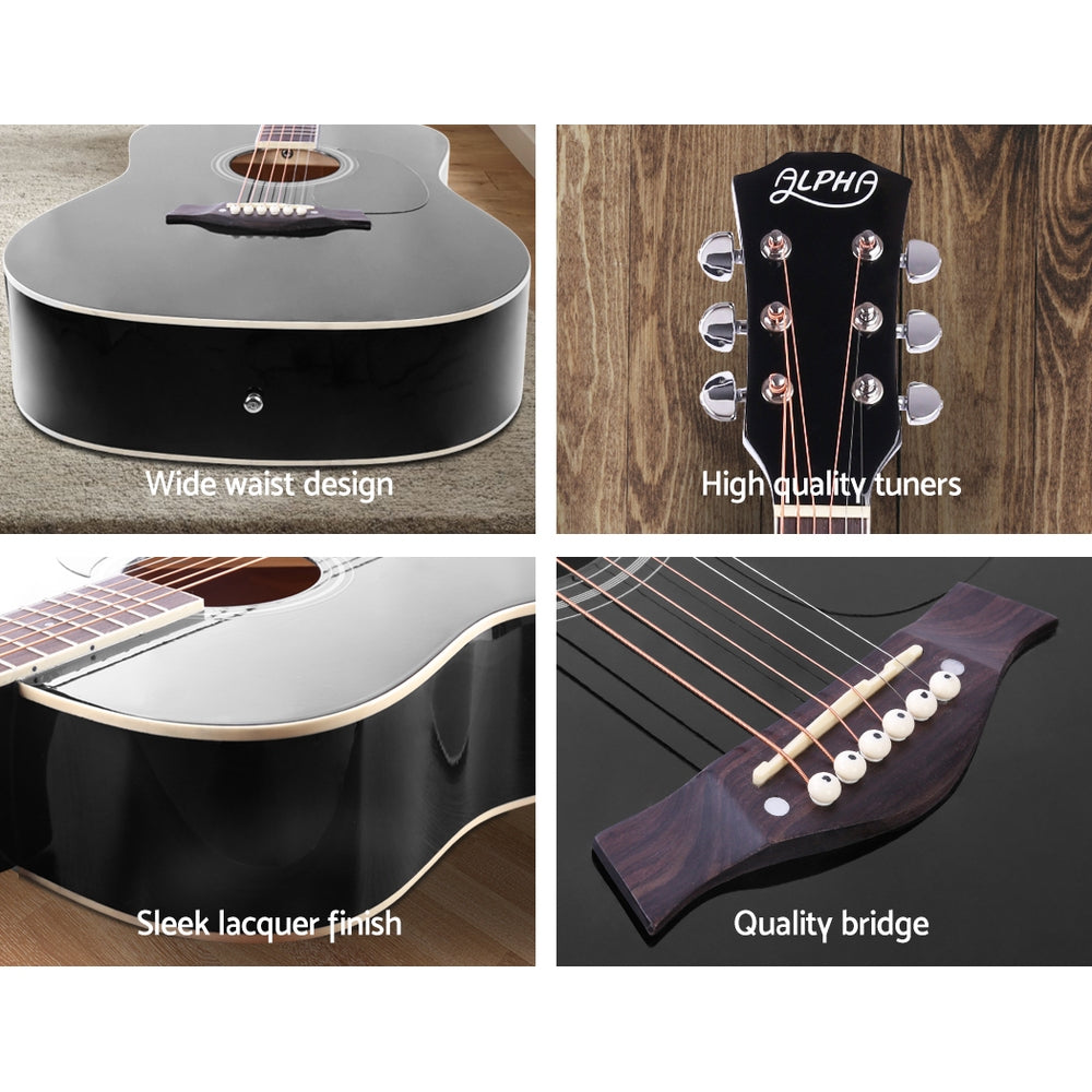 Alpha 41 Inch Acoustic Guitar Wooden Body Steel String Dreadnought Stand Black GUITAR-D-41-BK-CAPO