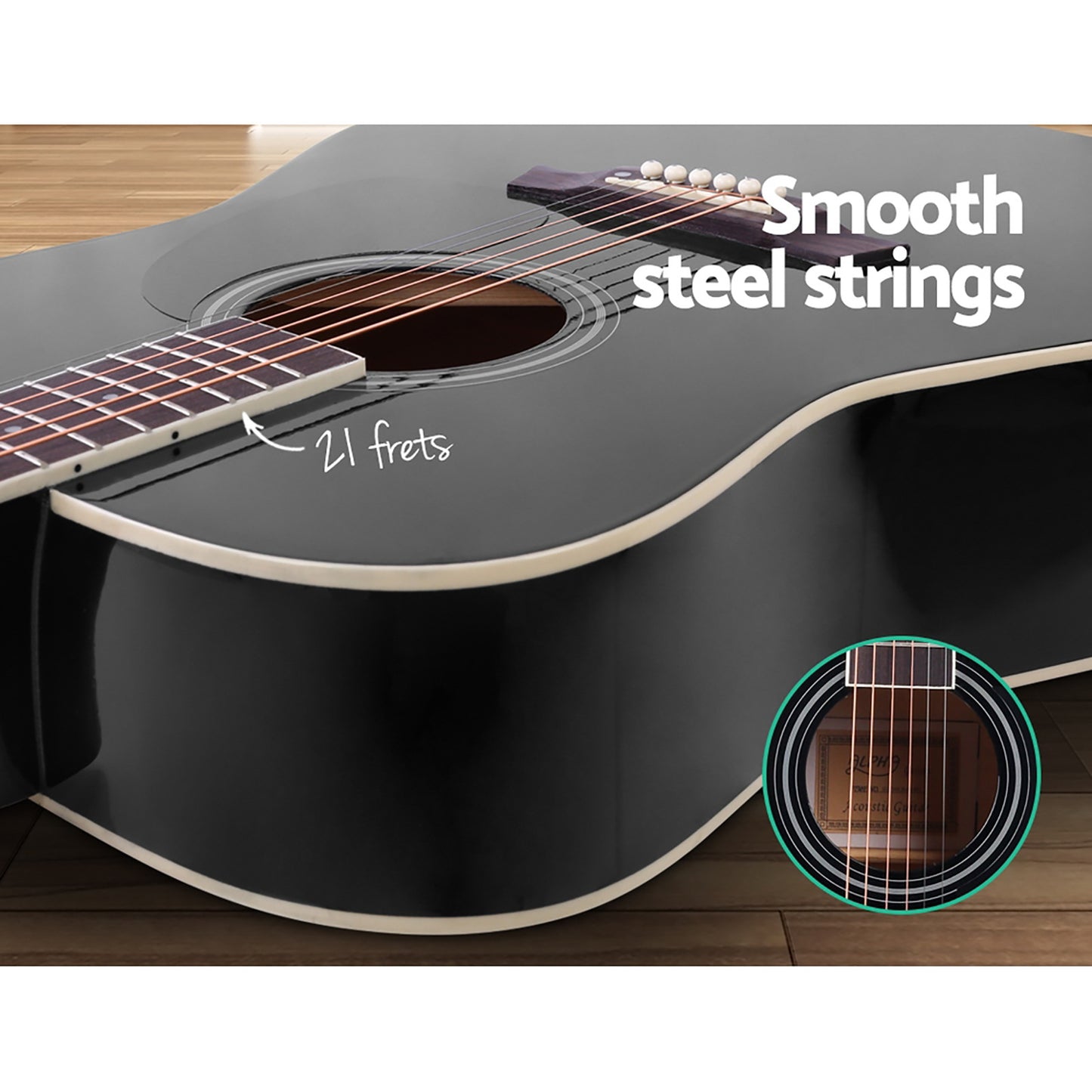 Alpha 41 Inch Acoustic Guitar Wooden Body Steel String Dreadnought Stand Black GUITAR-D-41-BK-CAPO