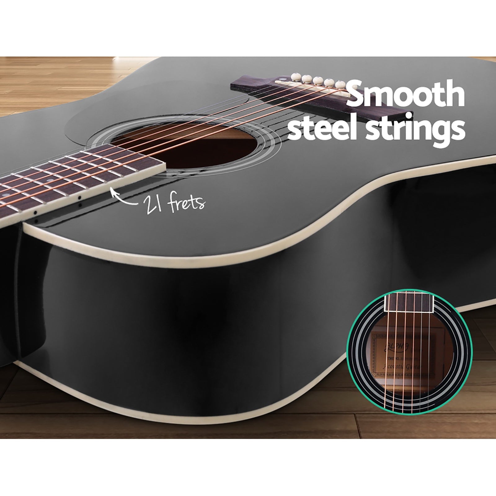 Alpha 41 Inch Acoustic Guitar Wooden Body Steel String Dreadnought Stand Black GUITAR-D-41-BK-CAPO