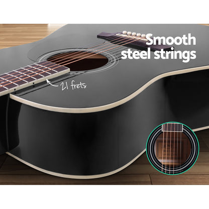 Alpha 41 Inch Acoustic Guitar Wooden Body Steel String Dreadnought Stand Black GUITAR-D-41-BK-CAPO