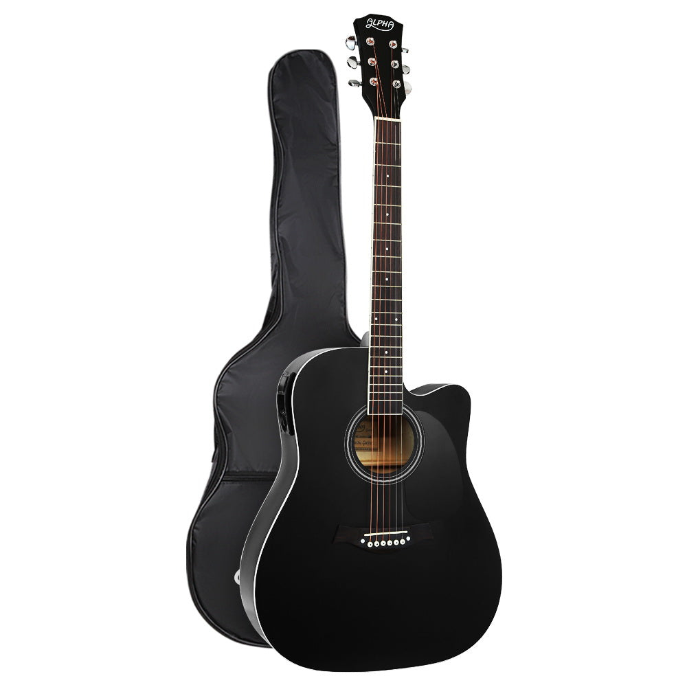 Alpha 41 Inch Acoustic Guitar Equaliser Electric Output Jack Cutaway Black GUITAR-D-41-EQ-BK