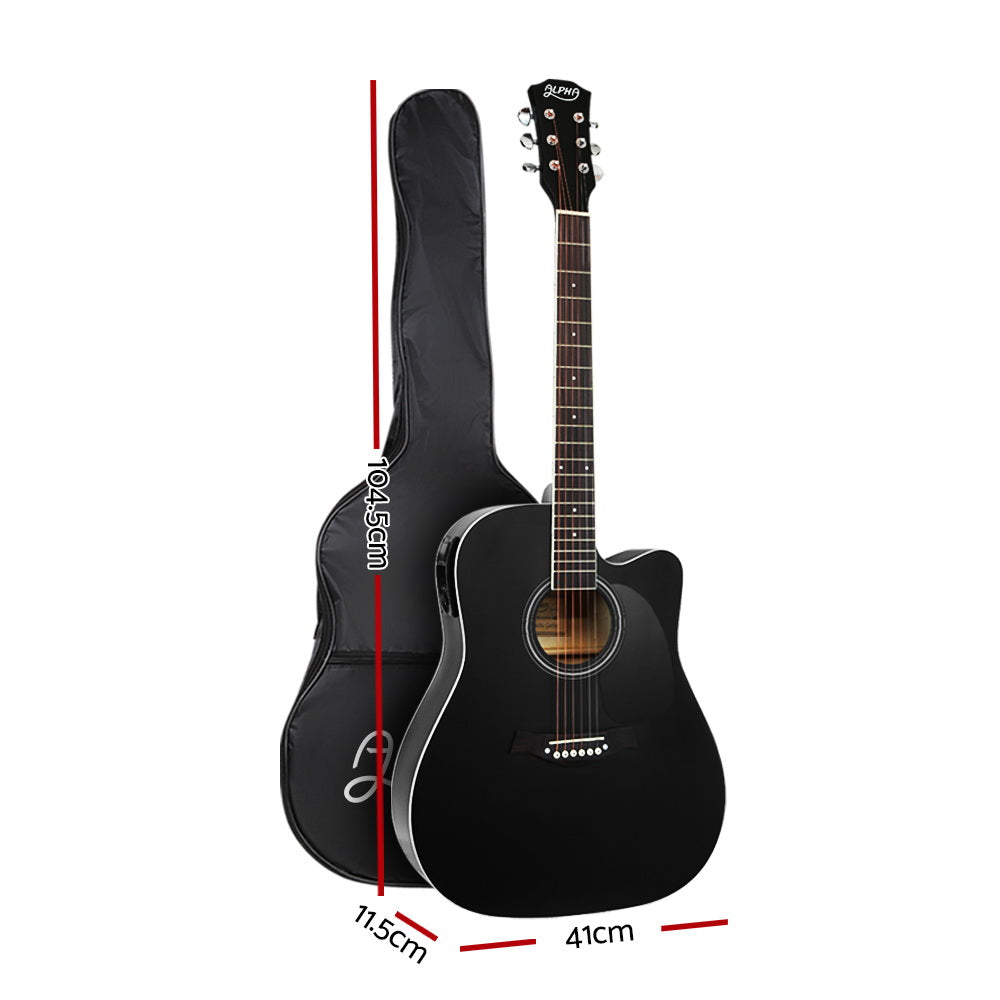 Alpha 41 Inch Acoustic Guitar Equaliser Electric Output Jack Cutaway Black GUITAR-D-41-EQ-BK