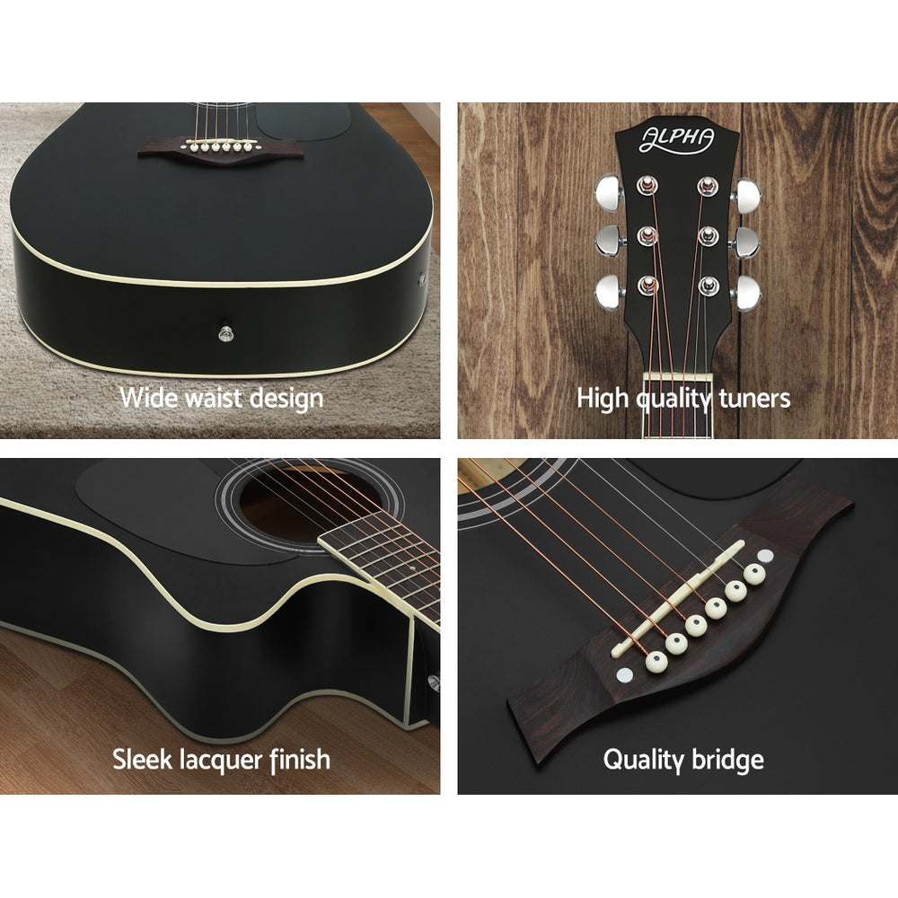 Alpha 41 Inch Acoustic Guitar Equaliser Electric Output Cutaway w/ Stand Black GUITAR-D-41-EQ-BK-CAPO