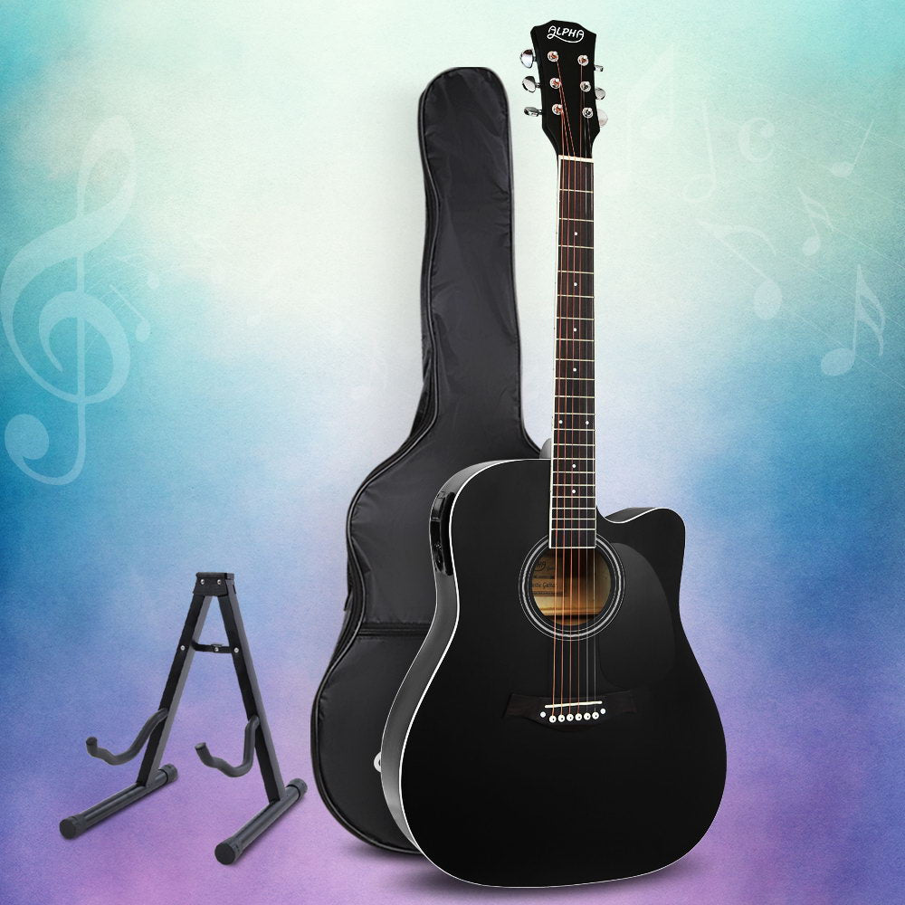 Alpha 41 Inch Acoustic Guitar Equaliser Electric Output Cutaway w/ Stand Black GUITAR-D-41-EQ-BK-CAPO