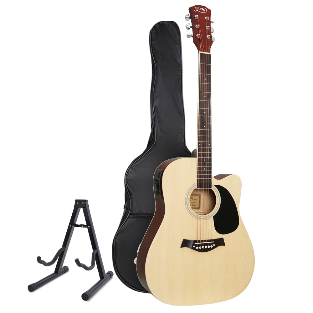 Alpha 41 Inch Acoustic Guitar Equaliser Electric Output Cutaway w/ Stand Wood GUITAR-D-41-EQ-NAT-CAPO
