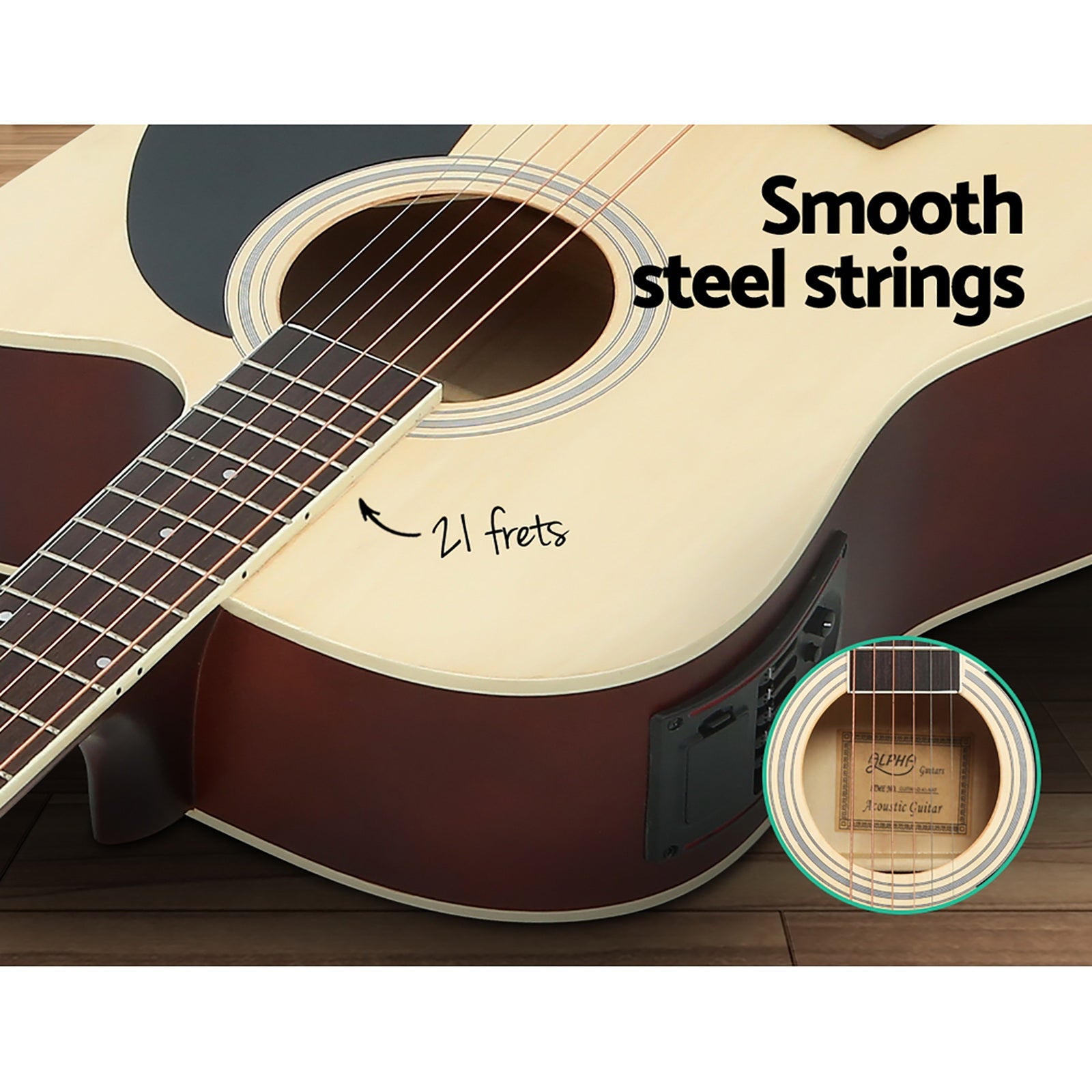Alpha 41 Inch Acoustic Guitar Equaliser Electric Output Cutaway w/ Stand Wood GUITAR-D-41-EQ-NAT-CAPO