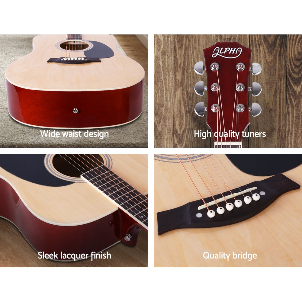 Alpha 41 Inch Acoustic Guitar Wooden Body Steel String Dreadnought Wood GUITAR-D-41-NAT