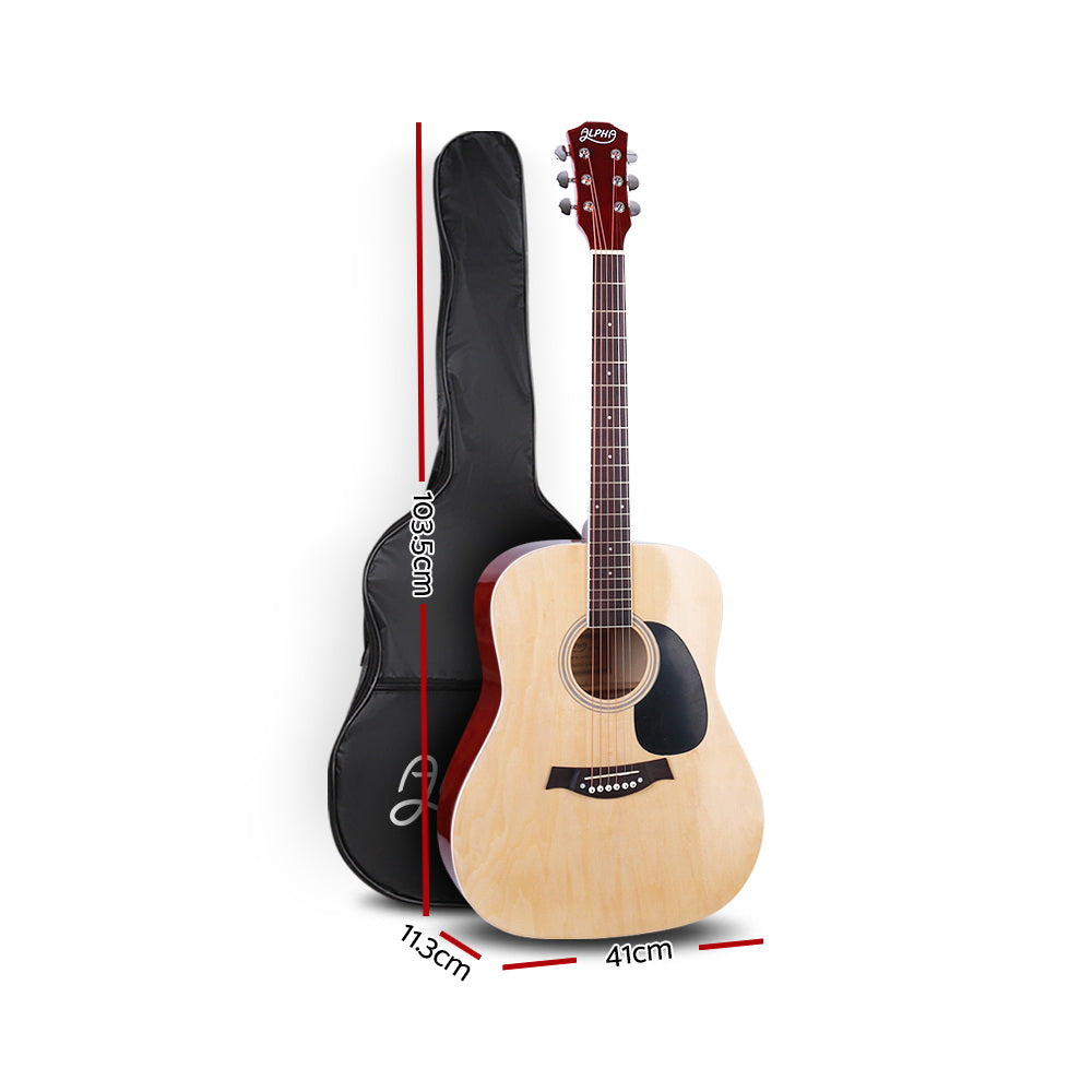 Alpha 41 Inch Acoustic Guitar Wooden Body Steel String Dreadnought Stand Wood GUITAR-D-41-NAT-CAPO