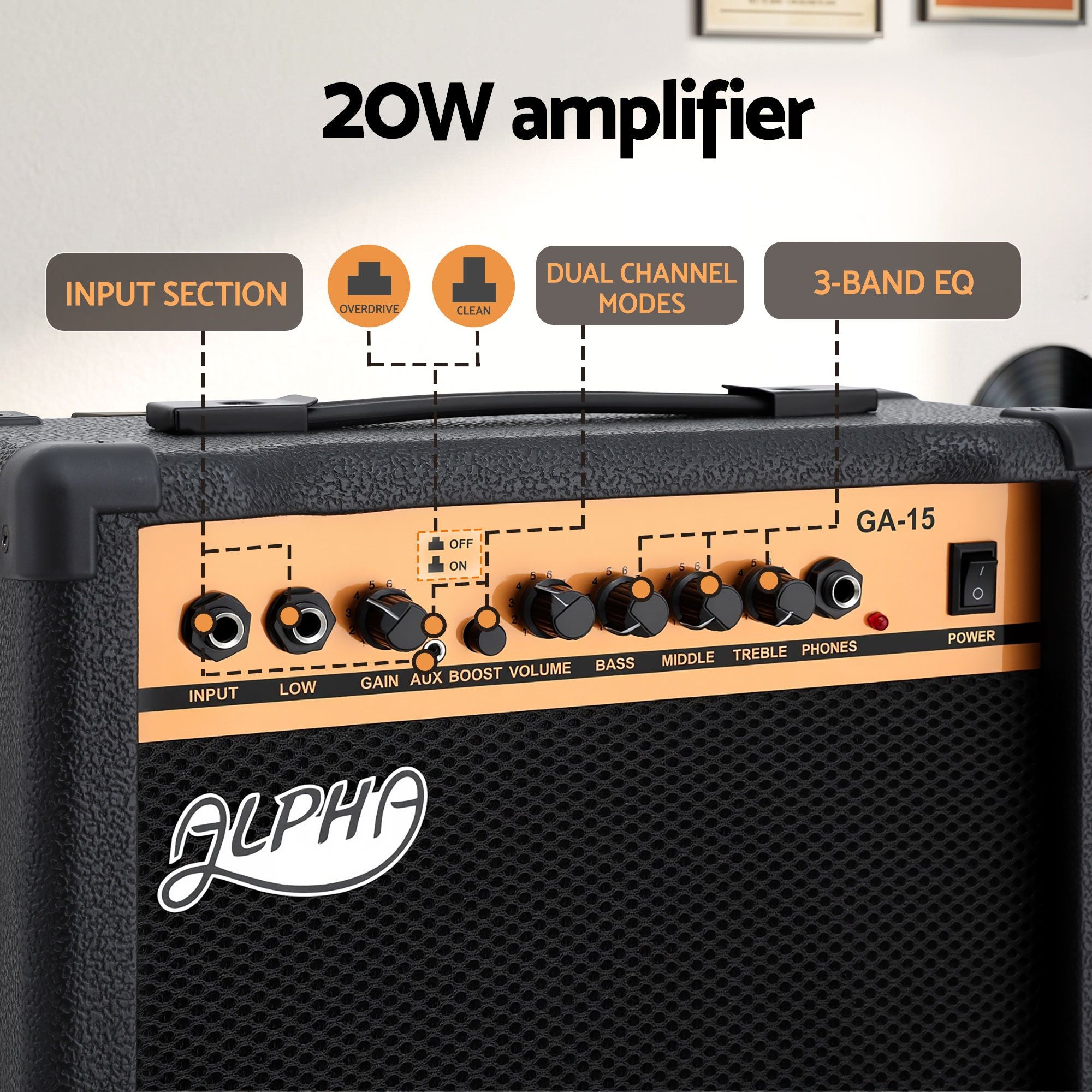Alpha 20W Guitar Amplifier Portable Practice Amp Overdrive 3-Band EQ Black GUITAR-E-41-ELEC-ACC