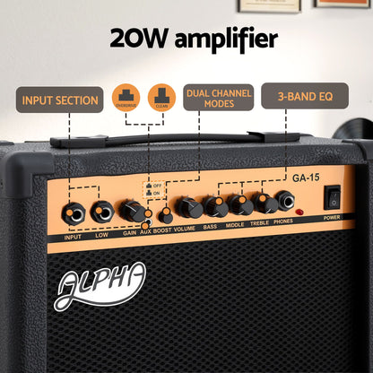 Alpha 20W Guitar Amplifier Portable Practice Amp Overdrive 3-Band EQ Black GUITAR-E-41-ELEC-ACC
