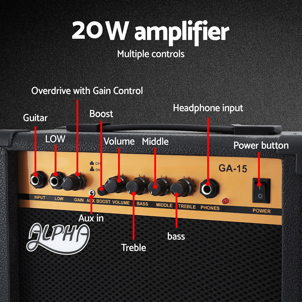 Alpha Electric Guitar Music String Instrument 20W Amplifier Black GUITAR-E-41-ELEC-BK-ACC