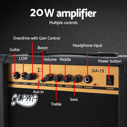 Alpha Electric Guitar Music String Instrument 20W Amplifier Black GUITAR-E-41-ELEC-BK-ACC