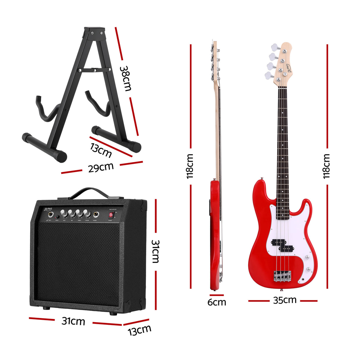 Alpha Electric Guitar Bass 47 Inch Set Kit 40W Bass Guitar Amplifier Guitar Stand Folding GUITAR-E-47-BASS-ACC-CAPO