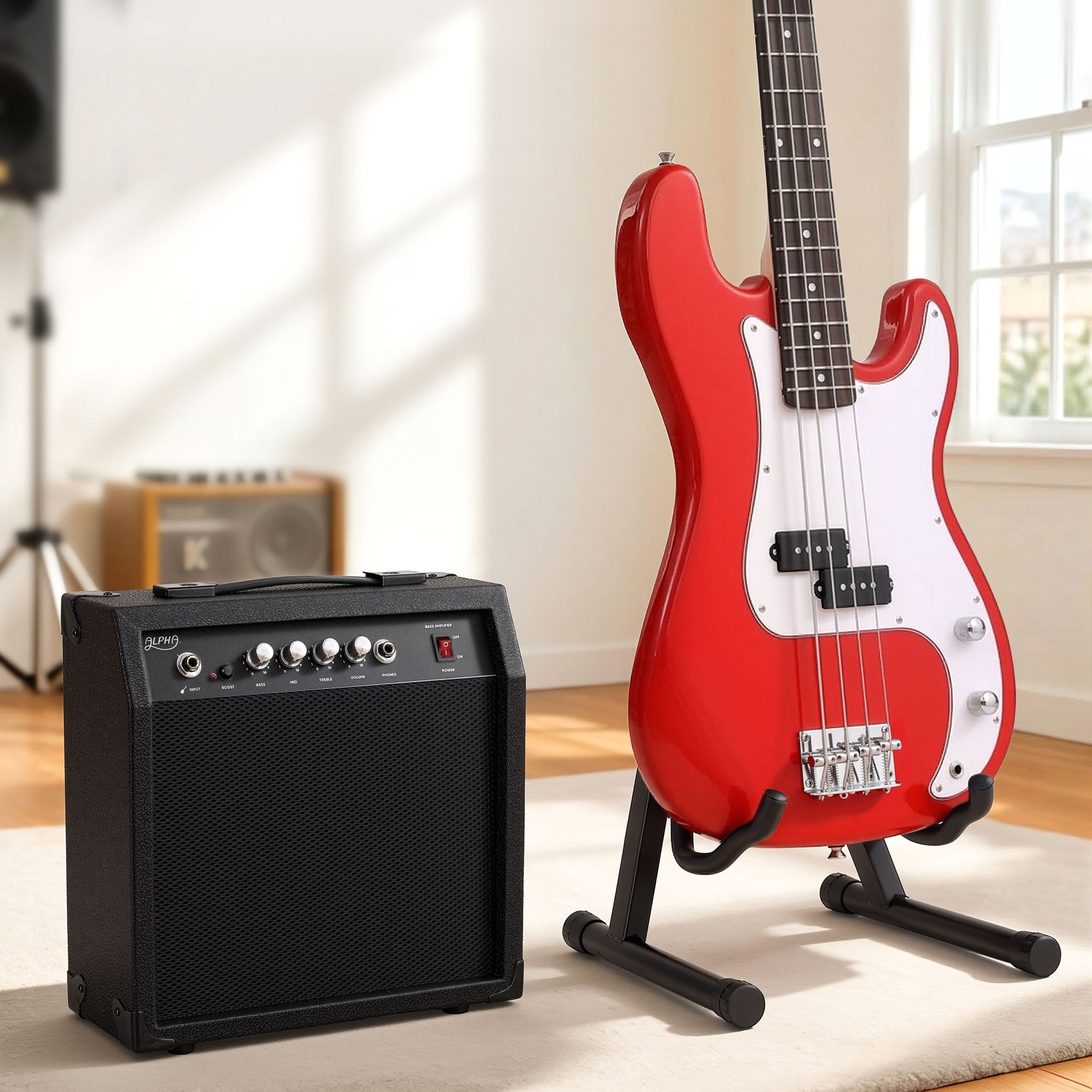 Alpha Electric Guitar Bass 47 Inch Set Kit 40W Bass Guitar Amplifier Guitar Stand Folding GUITAR-E-47-BASS-ACC-CAPO