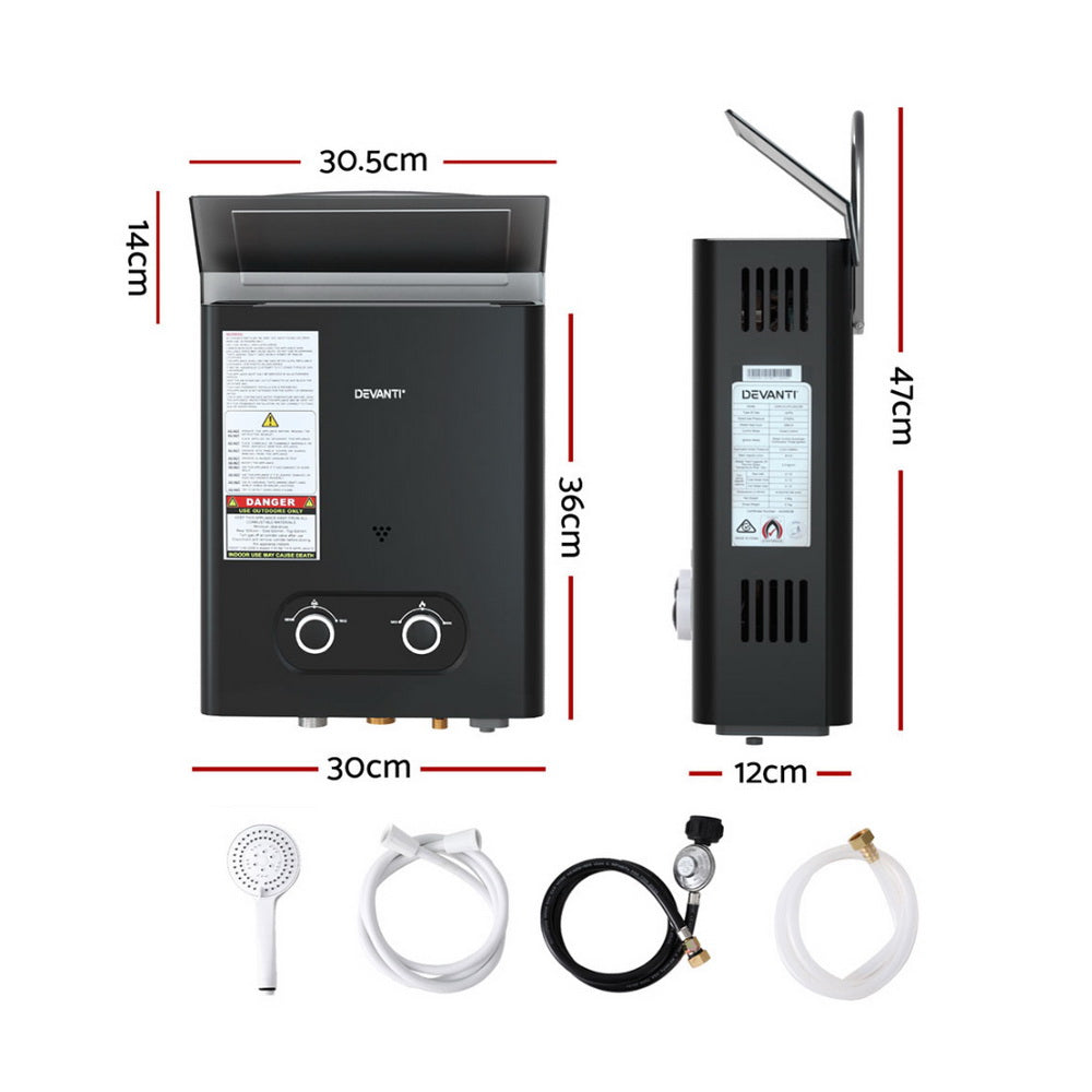 Devanti Portable Gas Water Heater LPG-powered System Black GWH-A-LPG-4DZ-BK