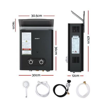 Devanti Portable Gas Water Heater LPG-powered System Black GWH-A-LPG-4DZ-BK