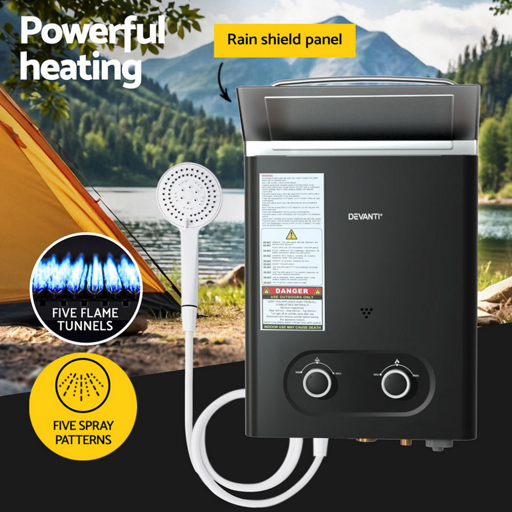 Devanti Portable Gas Water Heater LPG-powered System Black GWH-A-LPG-4DZ-BK