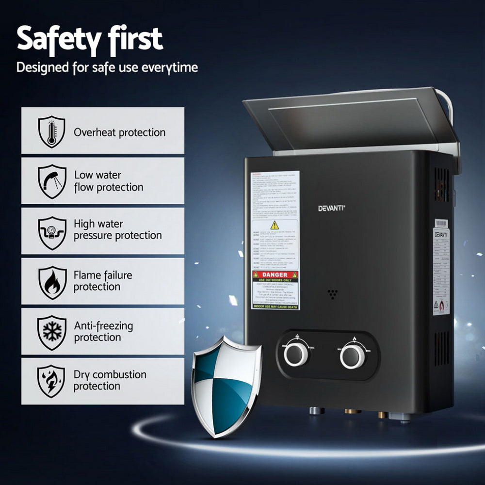Devanti Portable Gas Water Heater LPG-powered System Black GWH-A-LPG-4DZ-BK