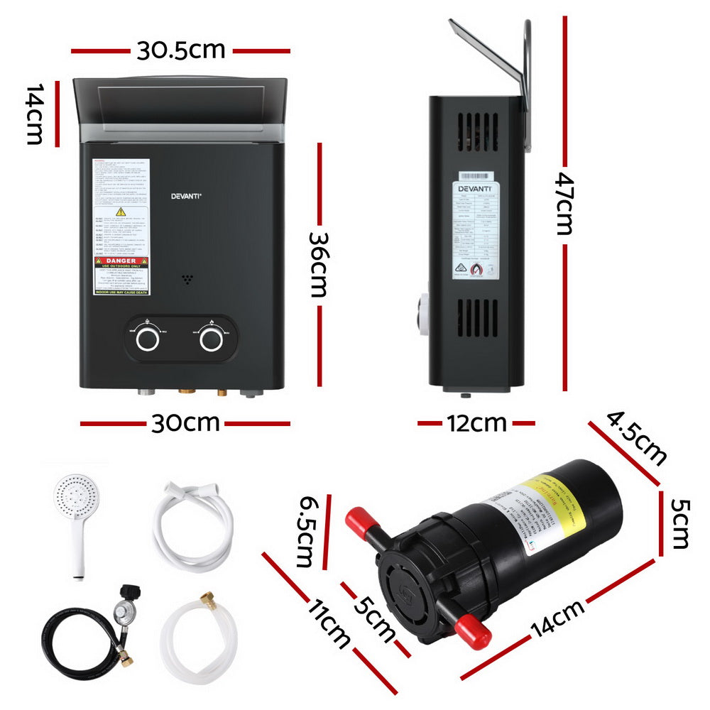 Devanti Portable Gas Water Heater LPG-powered System Black With Pump GWH-A-LPG-4DZ-BK-PUMP