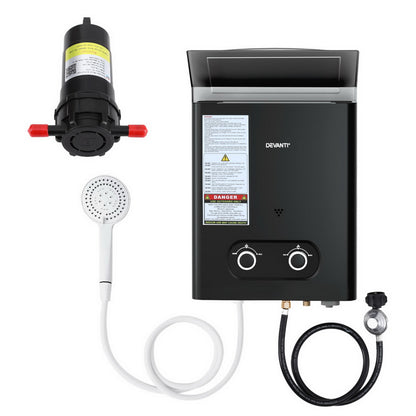 Devanti Portable Gas Water Heater LPG-powered System Black With Pump GWH-A-LPG-4DZ-BK-PUMP