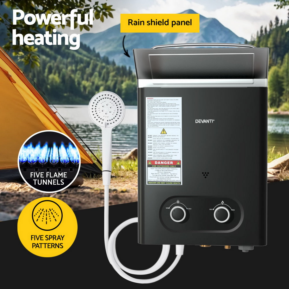 Devanti Portable Gas Water Heater LPG-powered System Black With Pump GWH-A-LPG-4DZ-BK-PUMP
