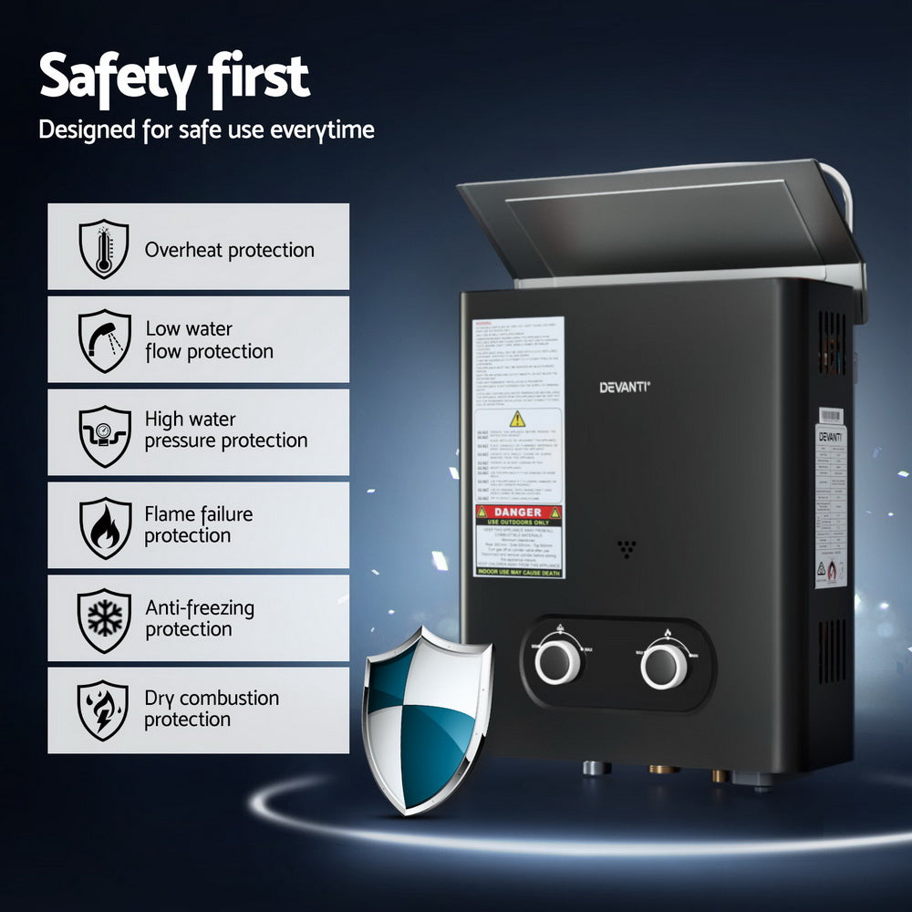 Devanti Portable Gas Water Heater LPG-powered System Black With Pump GWH-A-LPG-4DZ-BK-PUMP