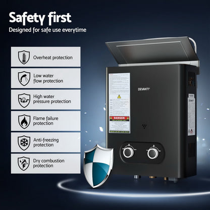 Devanti Portable Gas Water Heater LPG-powered System Black With Pump GWH-A-LPG-4DZ-BK-PUMP