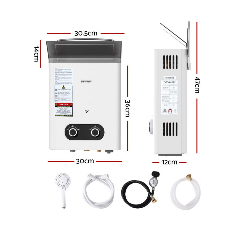Devanti Portable Gas Water Heater Outdoor Camping Shower White GWH-A-LPG-4DZ-WH