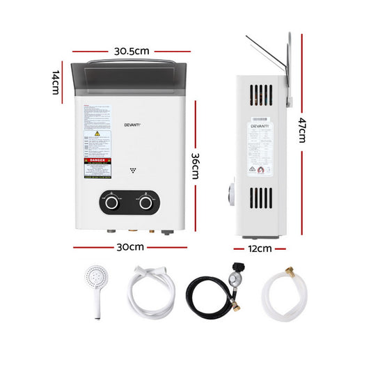 Devanti Portable Gas Water Heater Outdoor Camping Shower White GWH-A-LPG-4DZ-WH