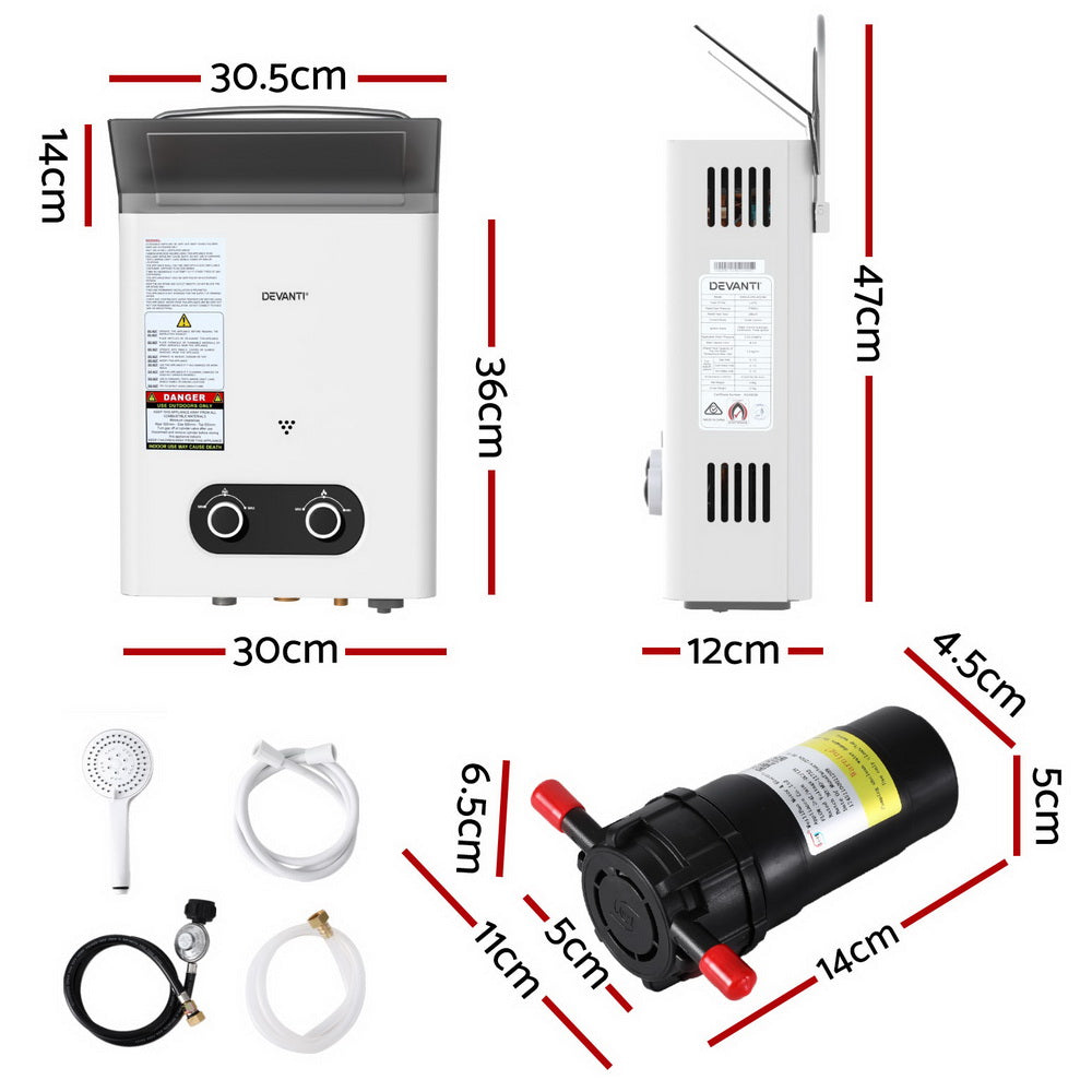 Devanti Portable Gas Water Heater LPG-powered System White With Pump GWH-A-LPG-4DZ-WH-PUMP