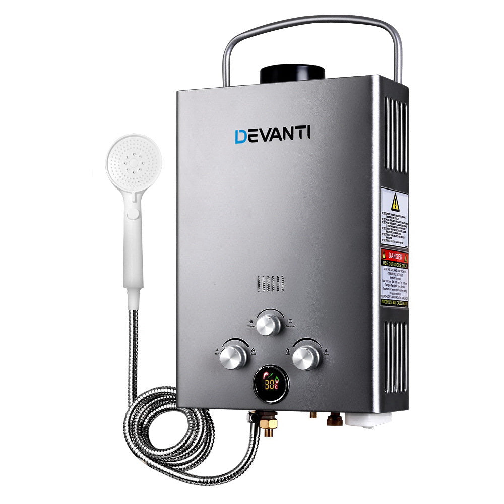 Devanti Portable Gas Water Heater With Pump LPG System Grey GWH-A-LPG-8L-BG-PUMP