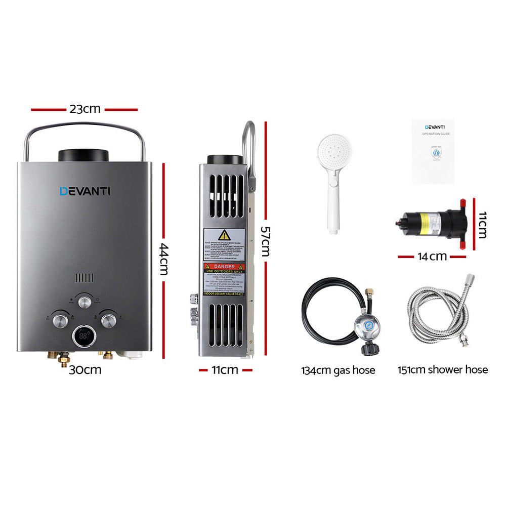 Devanti Portable Gas Water Heater With Pump LPG System Grey GWH-A-LPG-8L-BG-PUMP