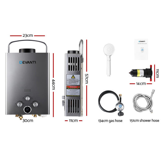 Devanti Portable Gas Water Heater With Pump LPG System Grey GWH-A-LPG-8L-BG-PUMP