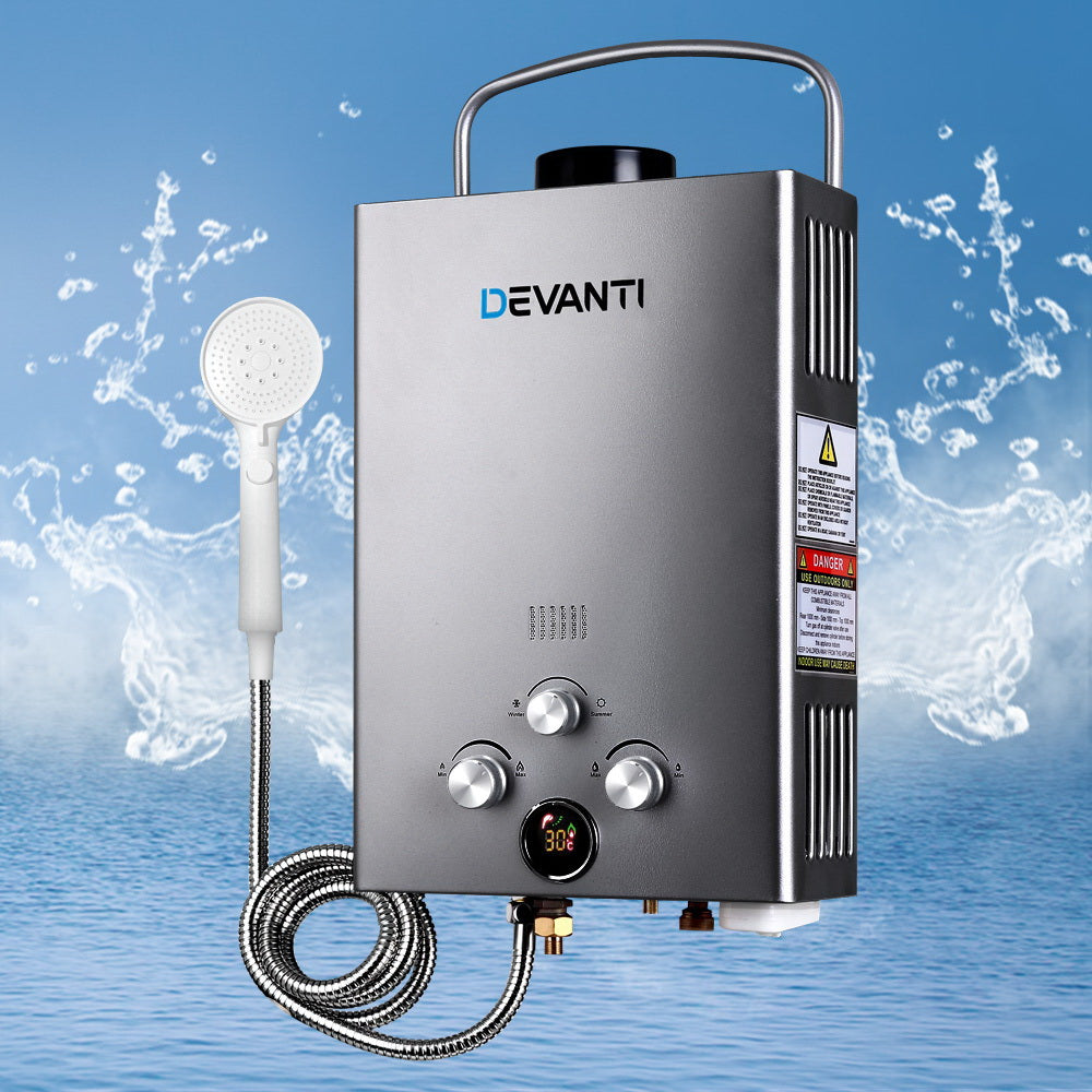 Devanti Portable Gas Water Heater With Pump LPG System Grey GWH-A-LPG-8L-BG-PUMP