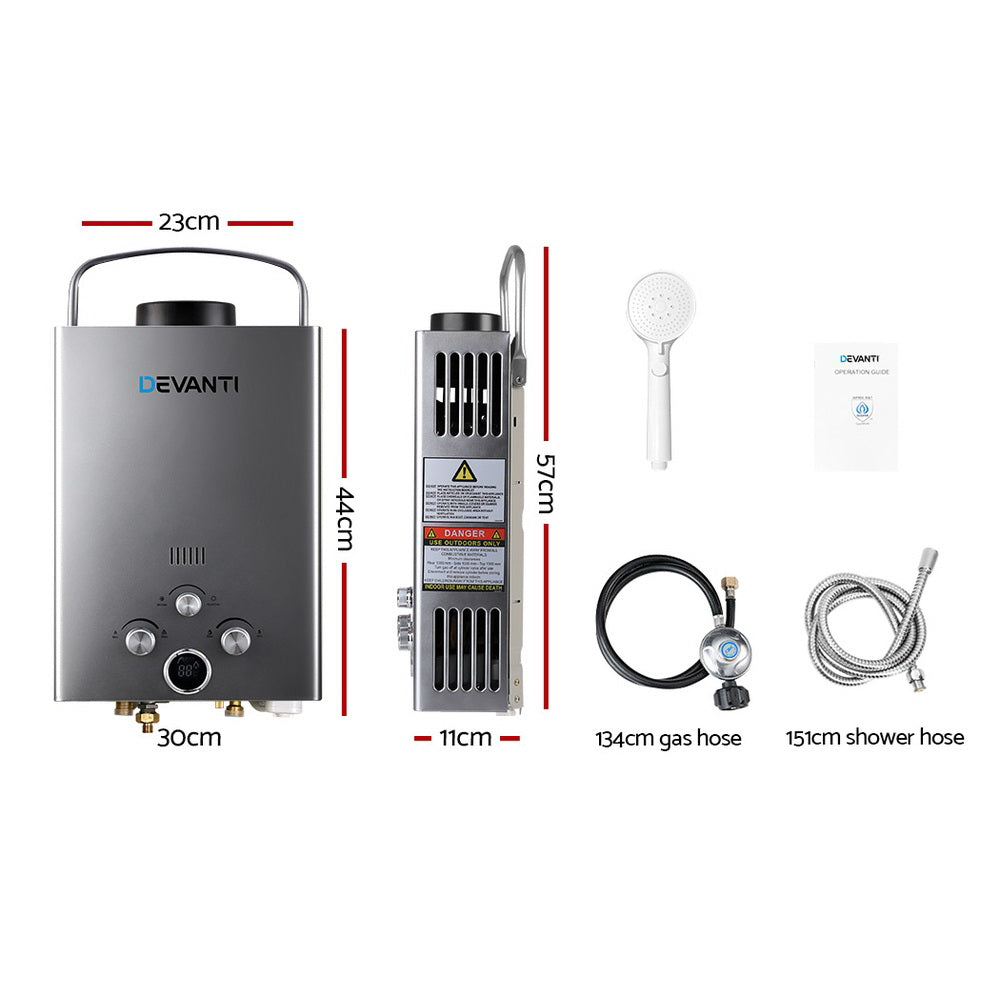 Devanti Portable Gas Water Heater LPG System Grey GWH-LPG-8L-SW-BG-DI