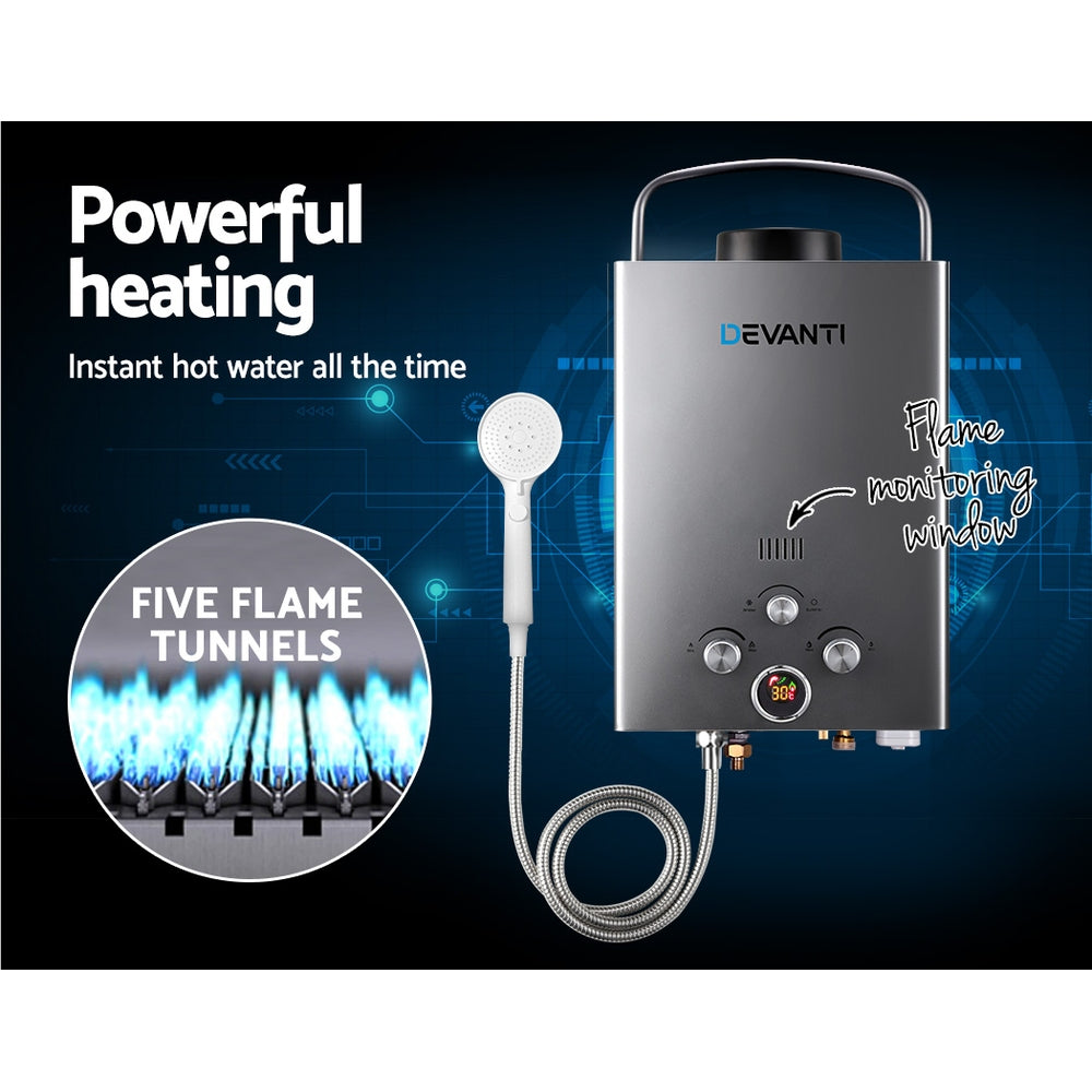 Devanti Portable Gas Water Heater LPG System Grey GWH-LPG-8L-SW-BG-DI