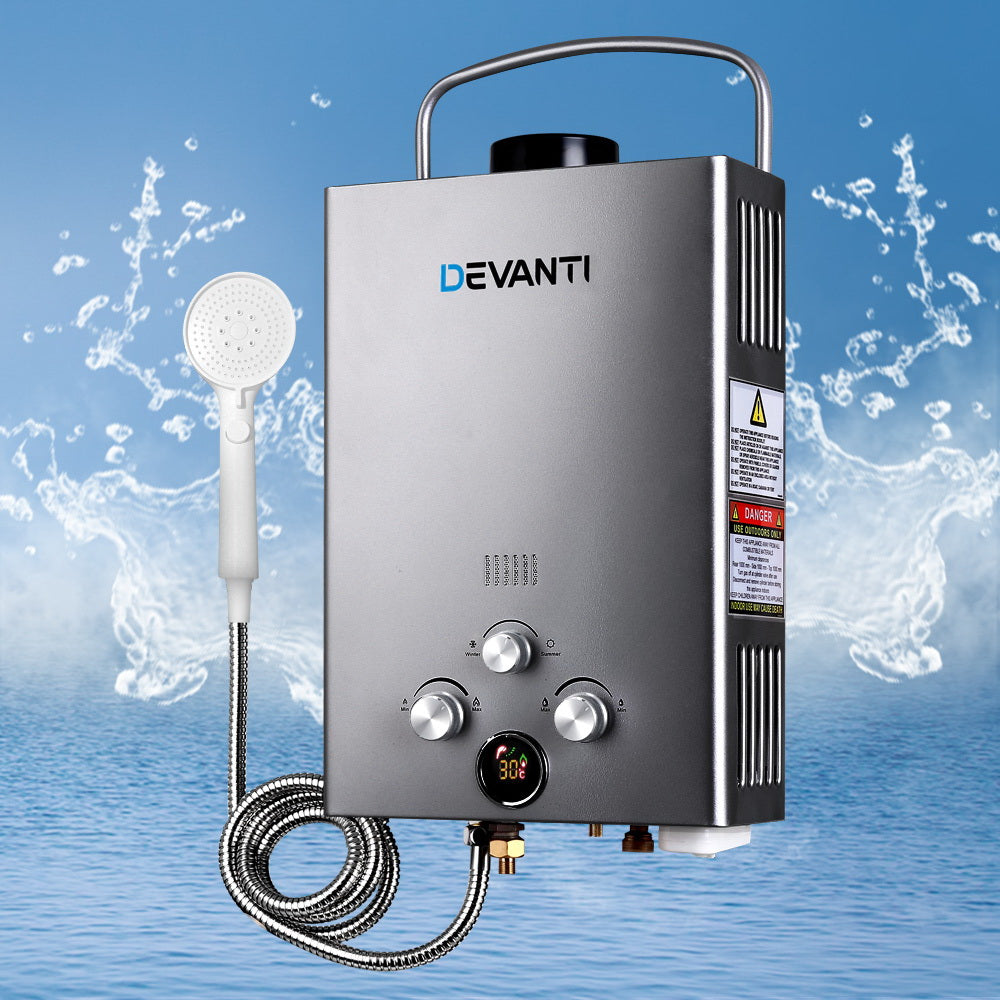 Devanti Portable Gas Water Heater LPG System Grey GWH-LPG-8L-SW-BG-DI