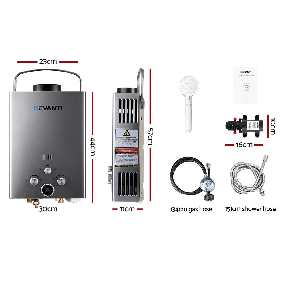 Devanti Portable Gas Water Heater 8L/Min With Pump LPG System Grey GWH-LPG-8L-SW-BG-DI-PUMP