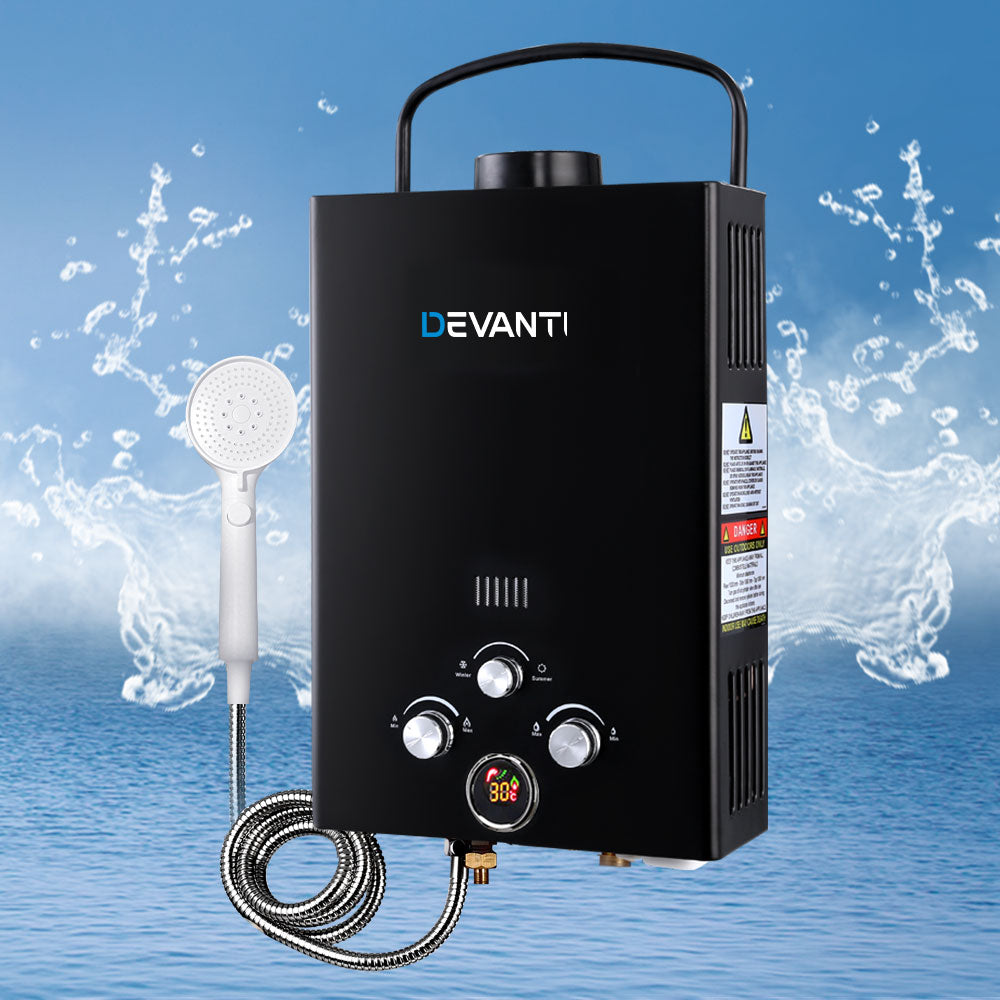 Devanti Portable Gas Water Heater 8L/Min LPG System Black GWH-LPG-8L-SW-BK-DI