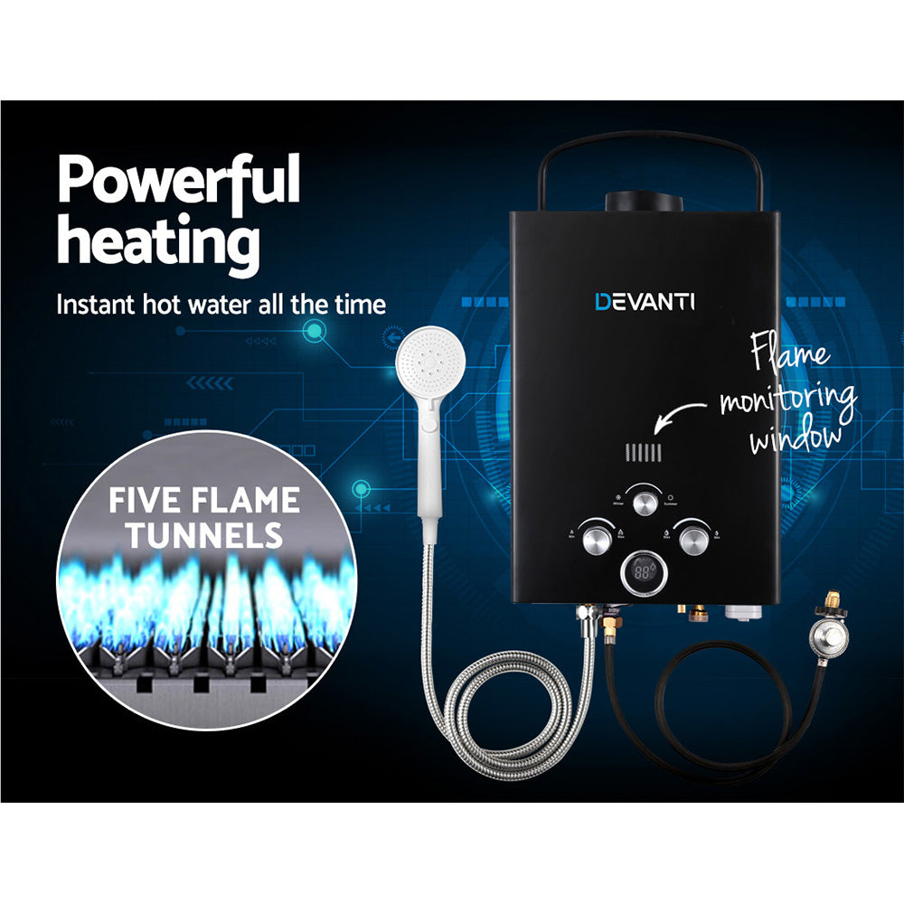 Devanti Portable Gas Water Heater 8L/Min With Pump LPG System Black GWH-LPG-8L-SW-BK-DI-PUMP