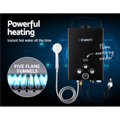 Devanti Portable Gas Water Heater 8L/Min With Pump LPG System Black GWH-LPG-8L-SW-BK-DI-PUMP