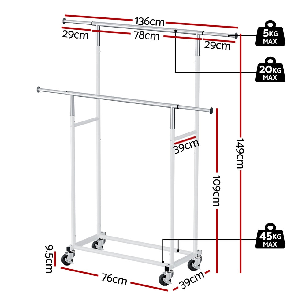 Artiss Clothes Rack Double Rod Airer Rail Coat Stand Adjustable Hanger HANGER-149H-D-SI