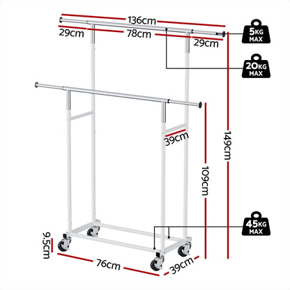 Artiss Clothes Rack Double Rod Airer Rail Coat Stand Adjustable Hanger HANGER-149H-D-SI