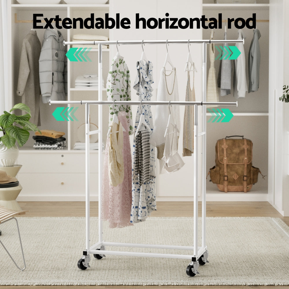 Artiss Clothes Rack Double Rod Airer Rail Coat Stand Adjustable Hanger HANGER-149H-D-SI