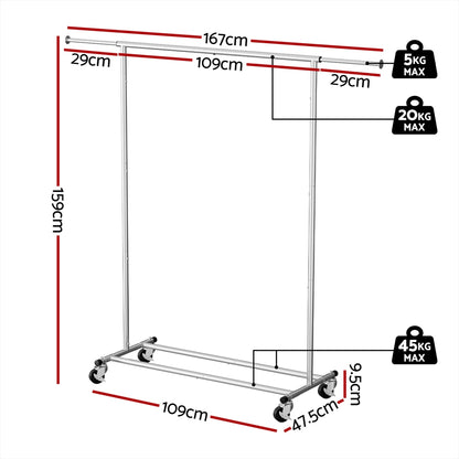 Artiss Clothes Rack Airer Rail Coat Stand Adjustable Hanger HANGER-157H-S-SI