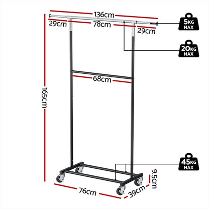 Artiss Clothes Rack Double Rod Airer Rail Coat Stand Adjustable Hanger HANGER-165H-D-SI