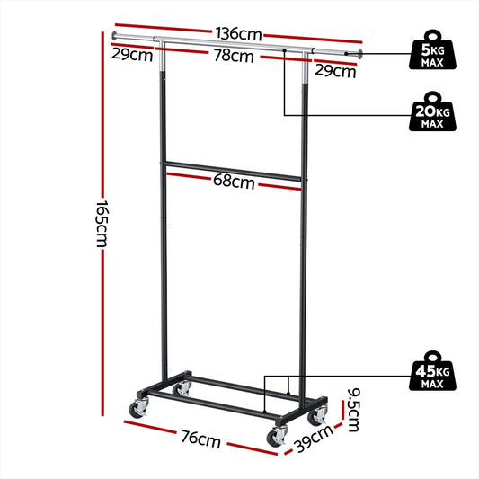 Artiss Clothes Rack Double Rod Airer Rail Coat Stand Adjustable Hanger HANGER-165H-D-SI
