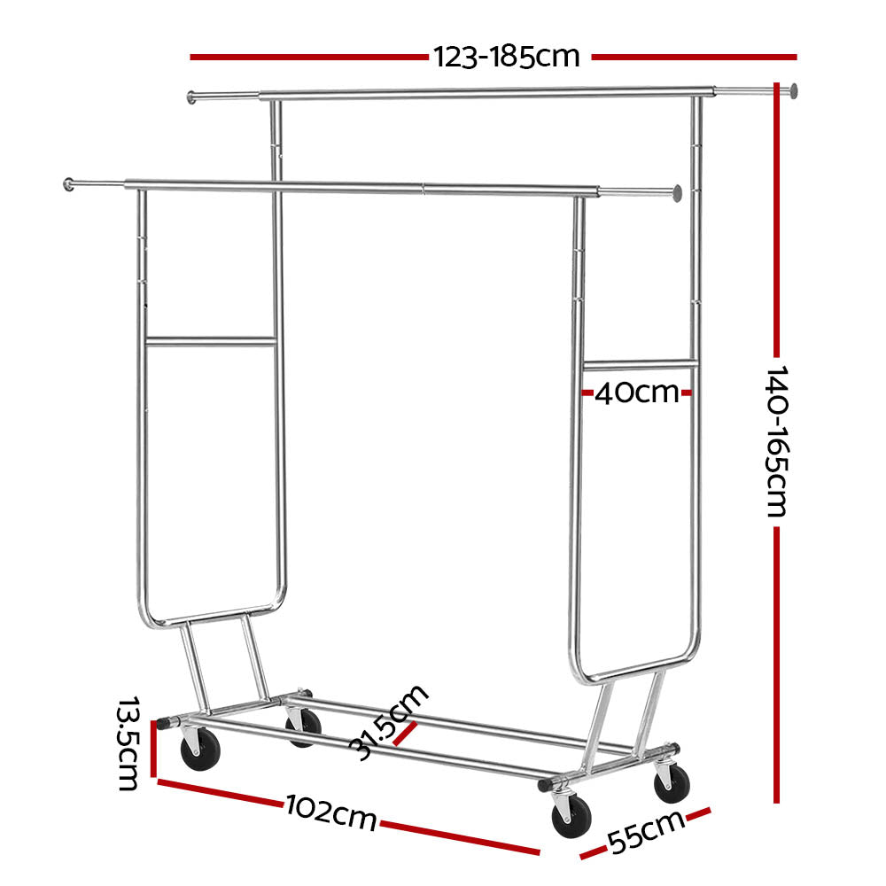Artiss Clothes Rack Airer Double Rail Coat Stand Adjustable Hanger HANGER-1955A-D-SI