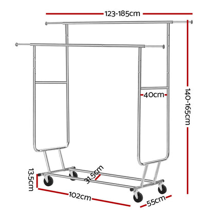 Artiss Clothes Rack Airer Double Rail Coat Stand Adjustable Hanger HANGER-1955A-D-SI