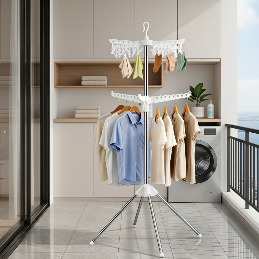 Artiss Clothes Rack Airer 2 Tier Rotatable Hanger Foldable HANGER-B-05-F2T-SIWH